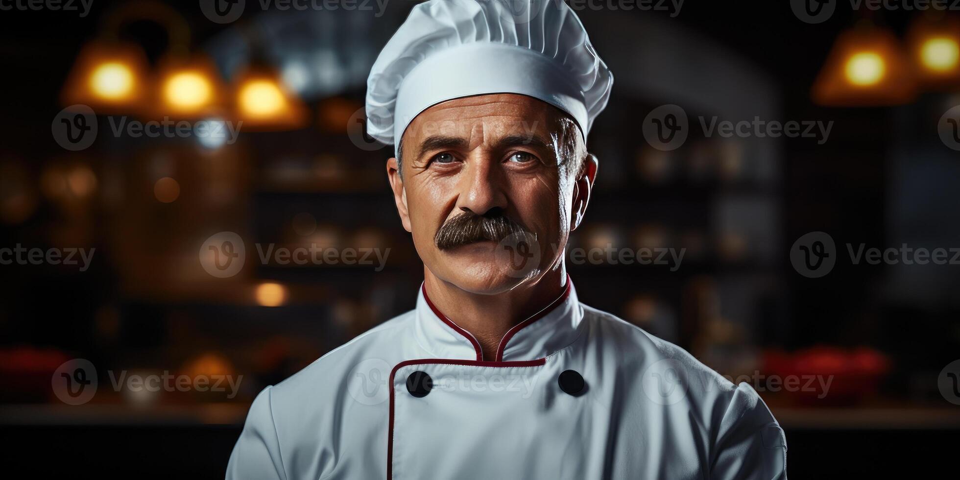 AI generated A male chef in a white tunic and cap, in a restaurant on dark background. Generative AI photo