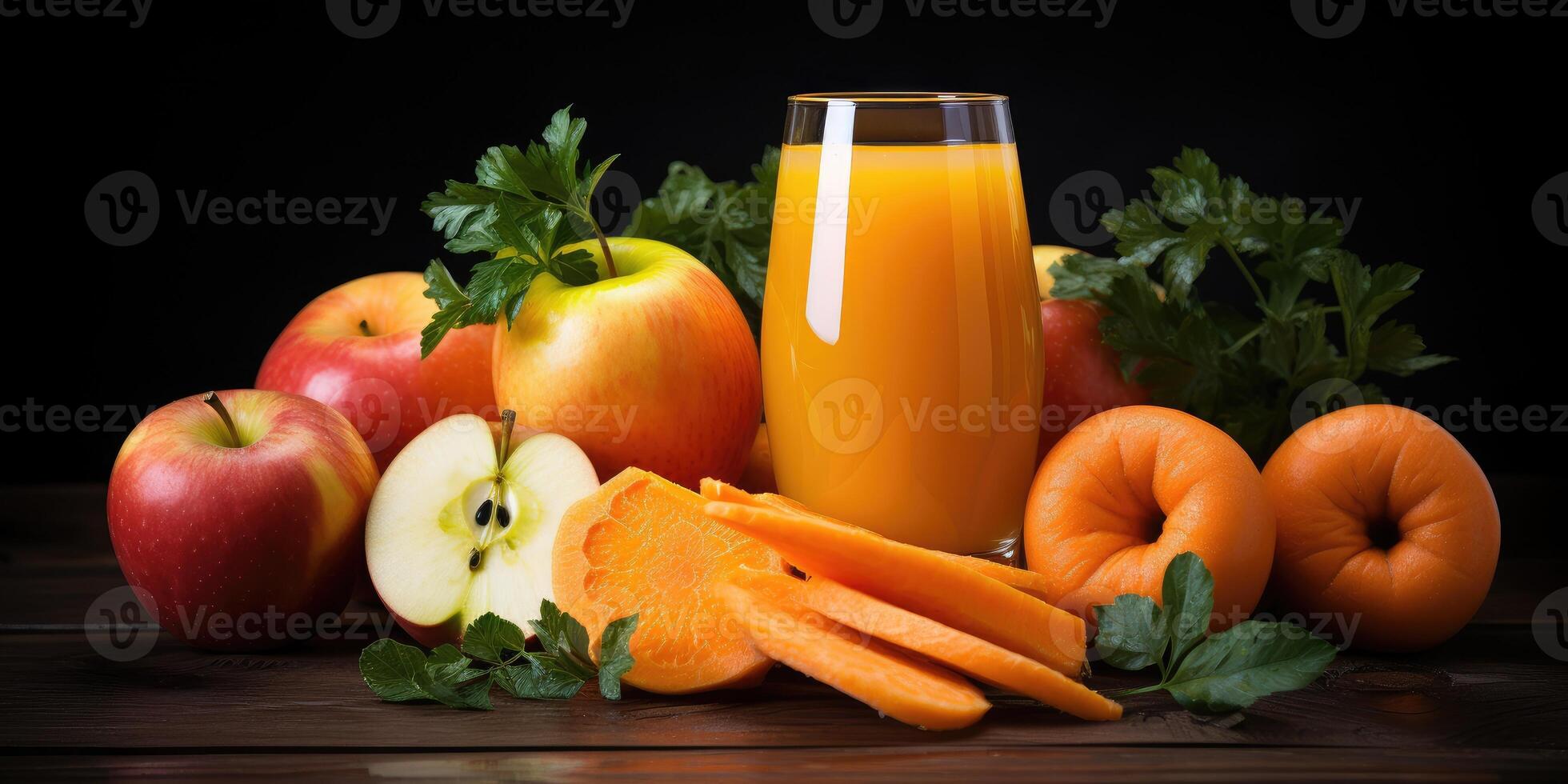 AI generated Apple Orange juice on the table, fresh ripe fruit close-up on the table. Generative AI photo