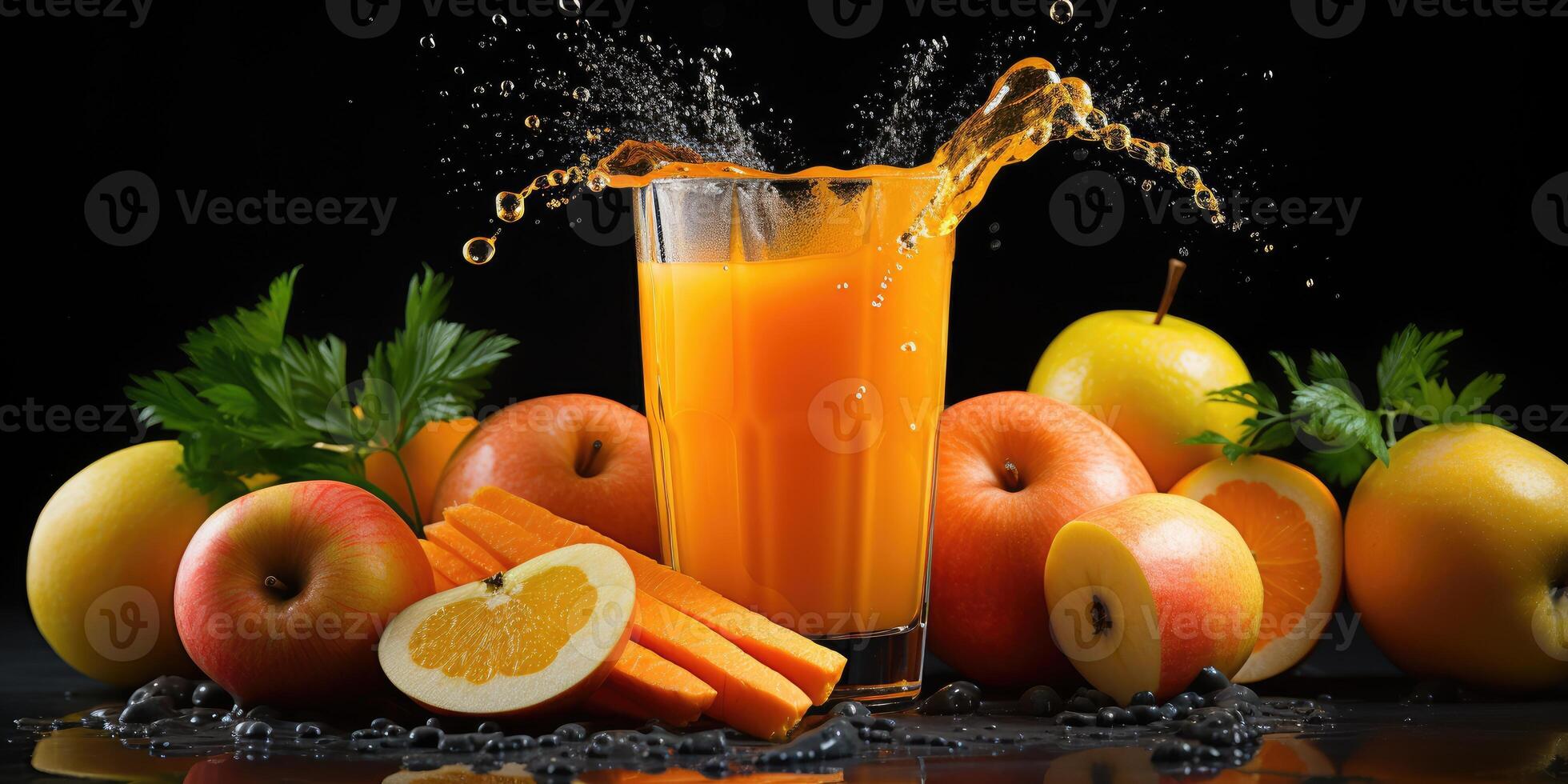 AI generated Apple Orange juice on the table, fresh ripe fruit close-up on the table. Generative AI photo