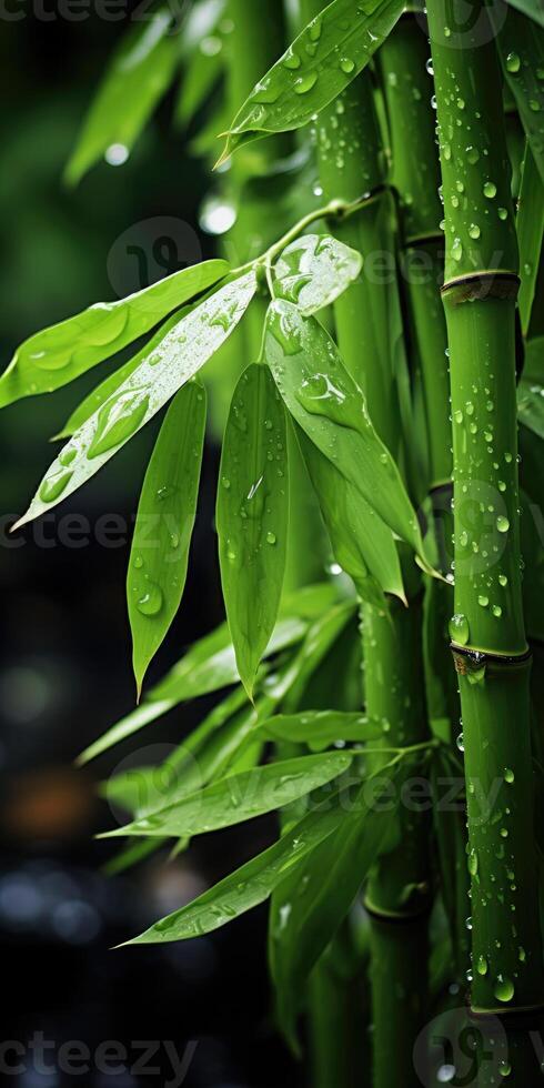 AI generated vertical shot of bamboo branches with raindrops. Generative AI photo