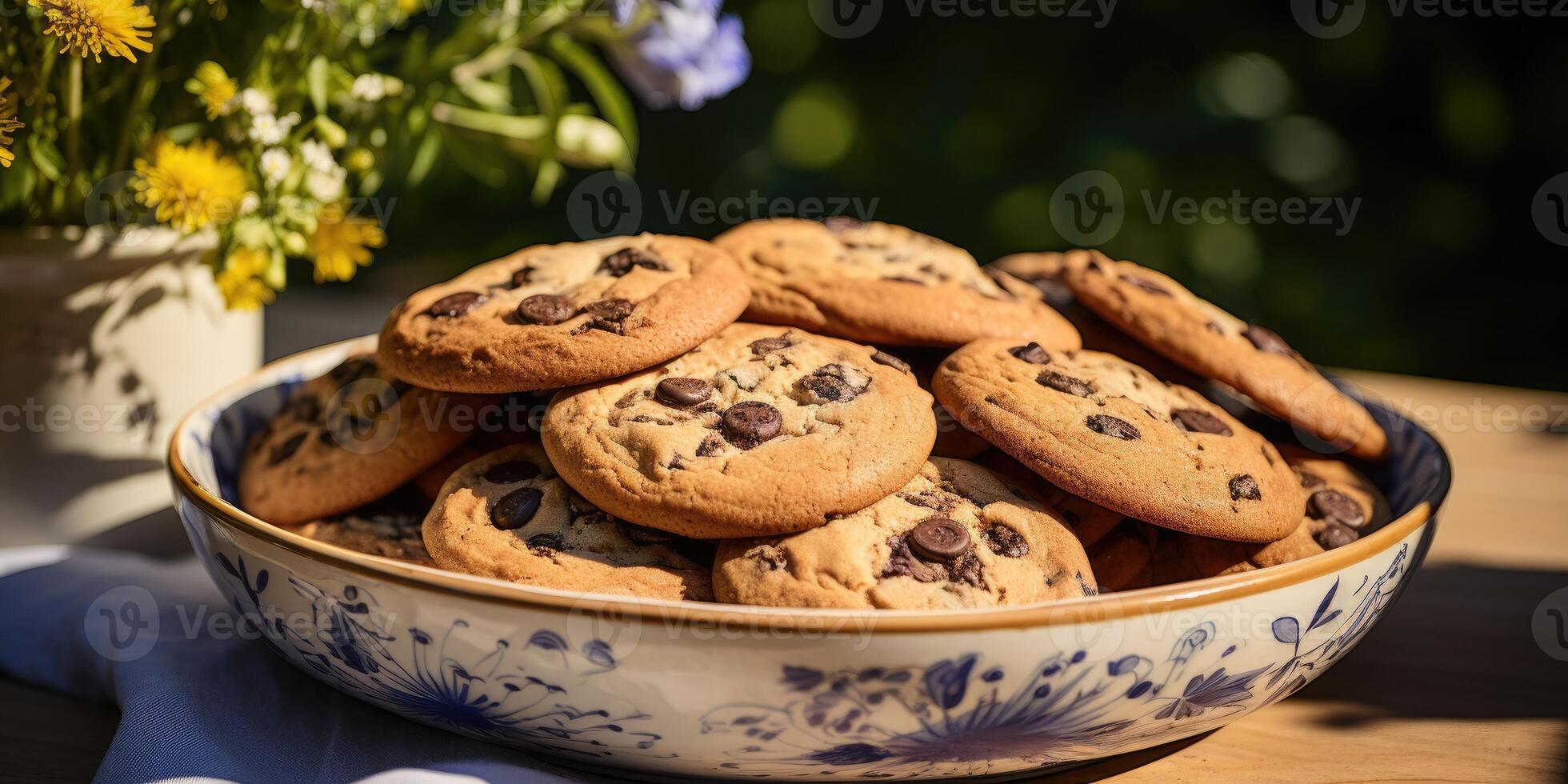 AI generated Sweet cookies with chocolate chips on wooden background in a plate. Generative AI photo