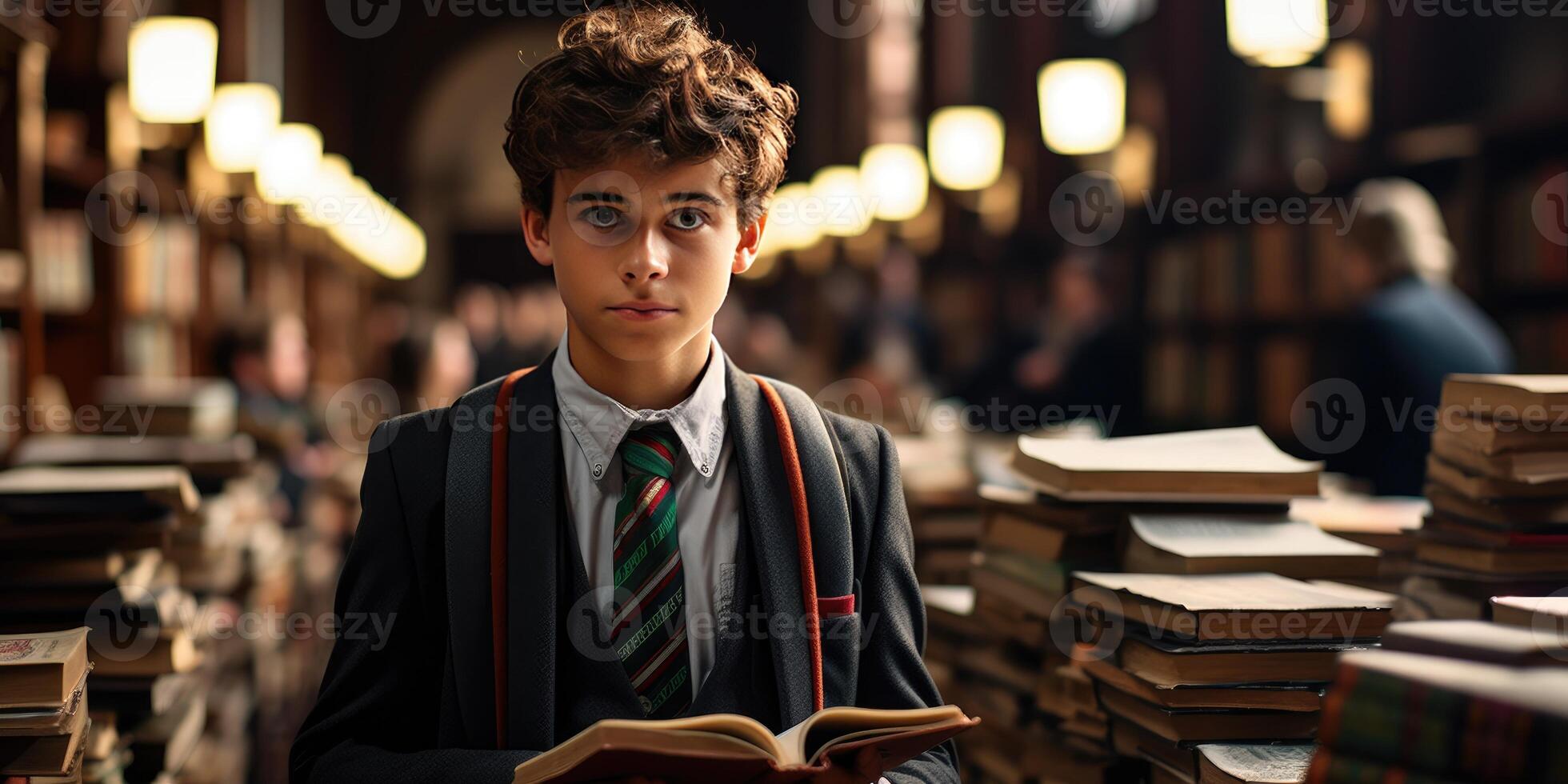 AI generated Portrait of schoolboy in the library. School and learning theme. Generative AI photo