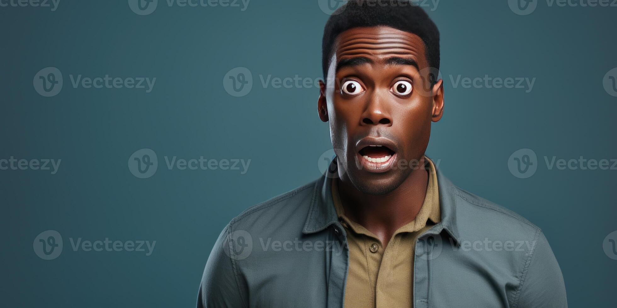 AI generated Portrait of an American man on a blue background, surprised face. Generative AI photo