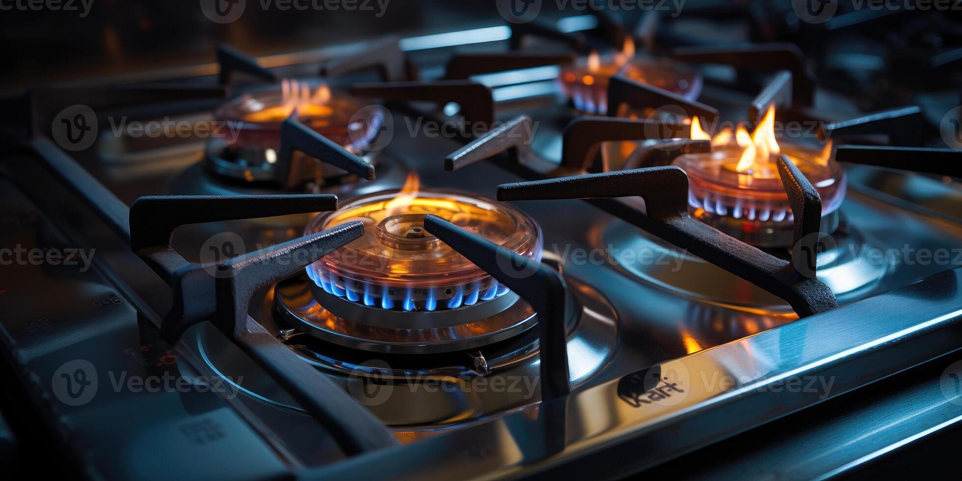 AI generated Modern kitchen stove cook with flames burning. Generative AI photo