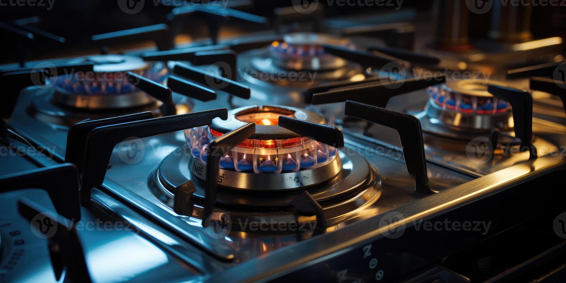 AI generated Modern kitchen stove cook with flames burning. Generative AI photo