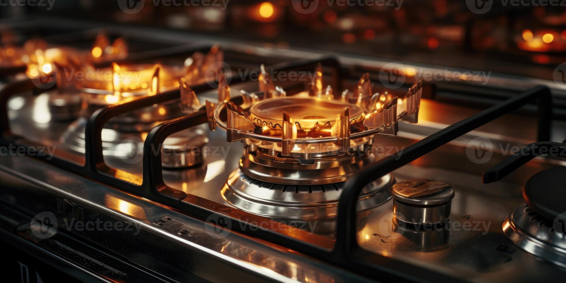 AI generated Modern kitchen stove cook with flames burning. Generative AI photo