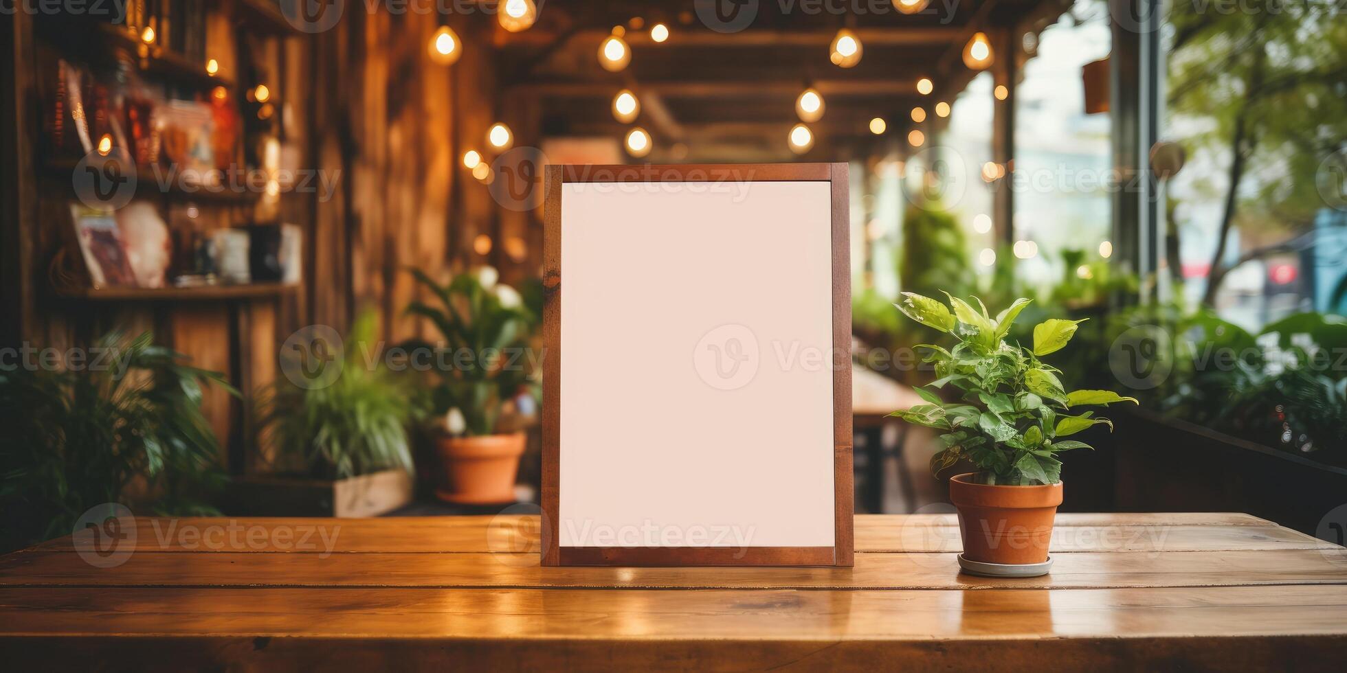AI generated Mockup for menu in wooden frame on table, space for your text or product. Generative AI photo