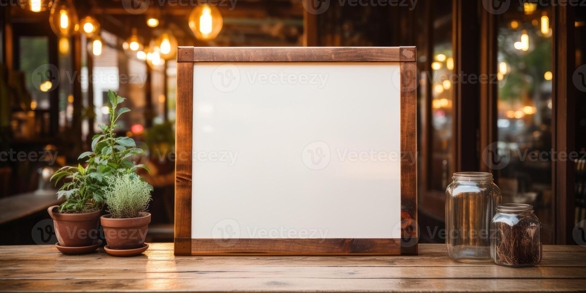 AI generated Mockup for menu in wooden frame on table, space for your text or product. Generative AI photo