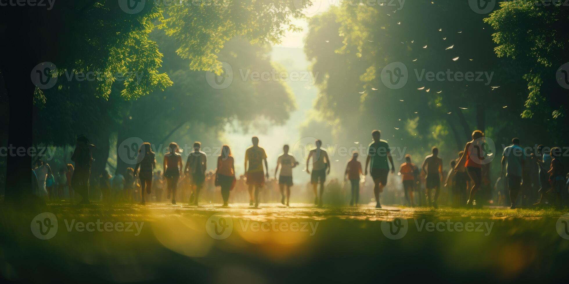 AI generated Blurred background of group of people in the park doing sports. Generative AI photo