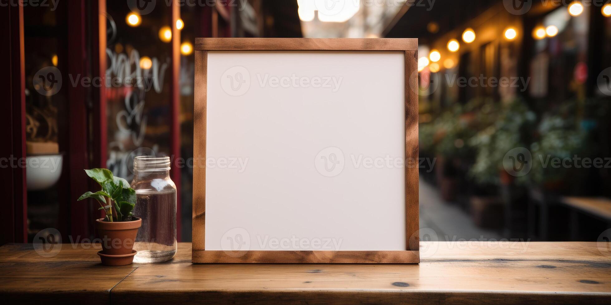 AI generated Mockup for menu in wooden frame on table, space for your text or product. Generative AI photo