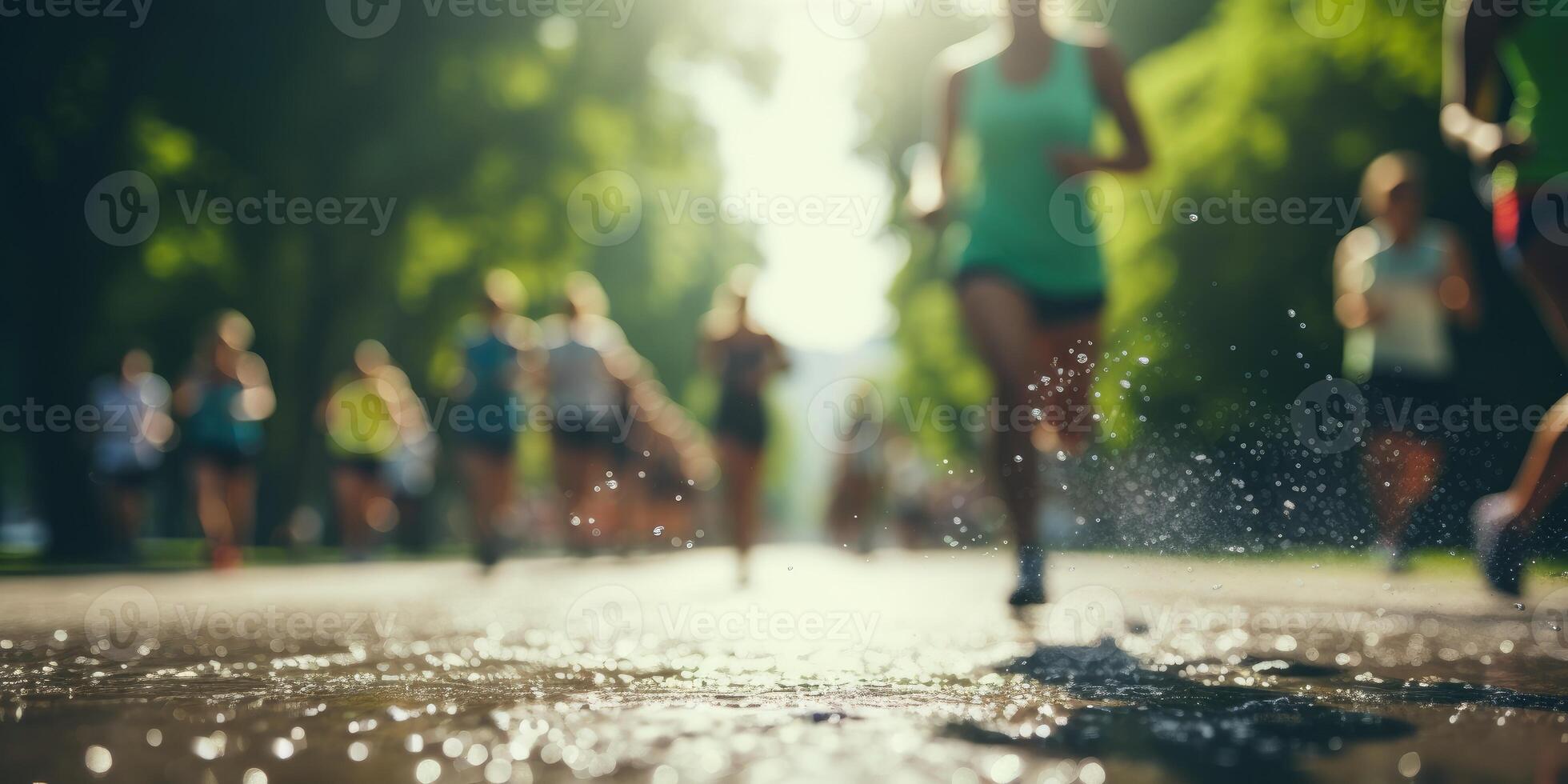 AI generated Blurred background of group of people in the park doing sports. Generative AI photo