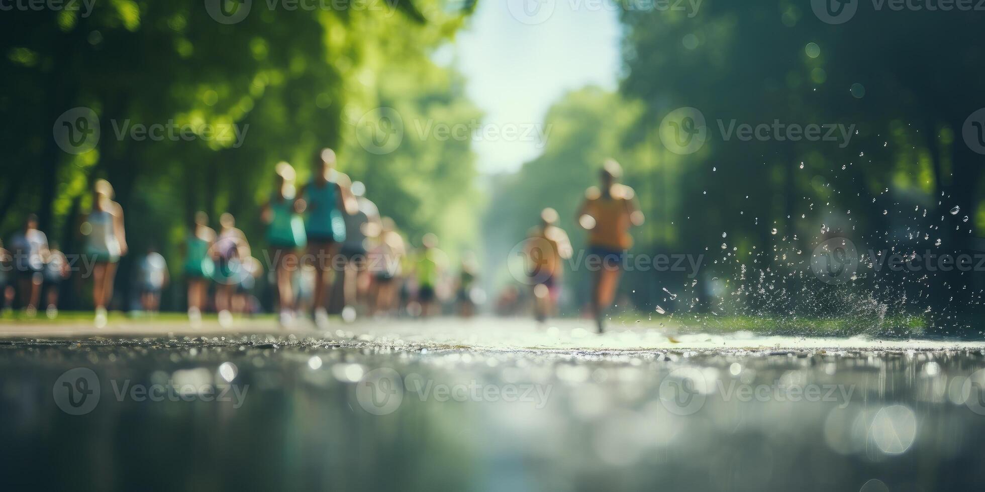 AI generated Blurred background of group of people in the park doing sports. Generative AI photo