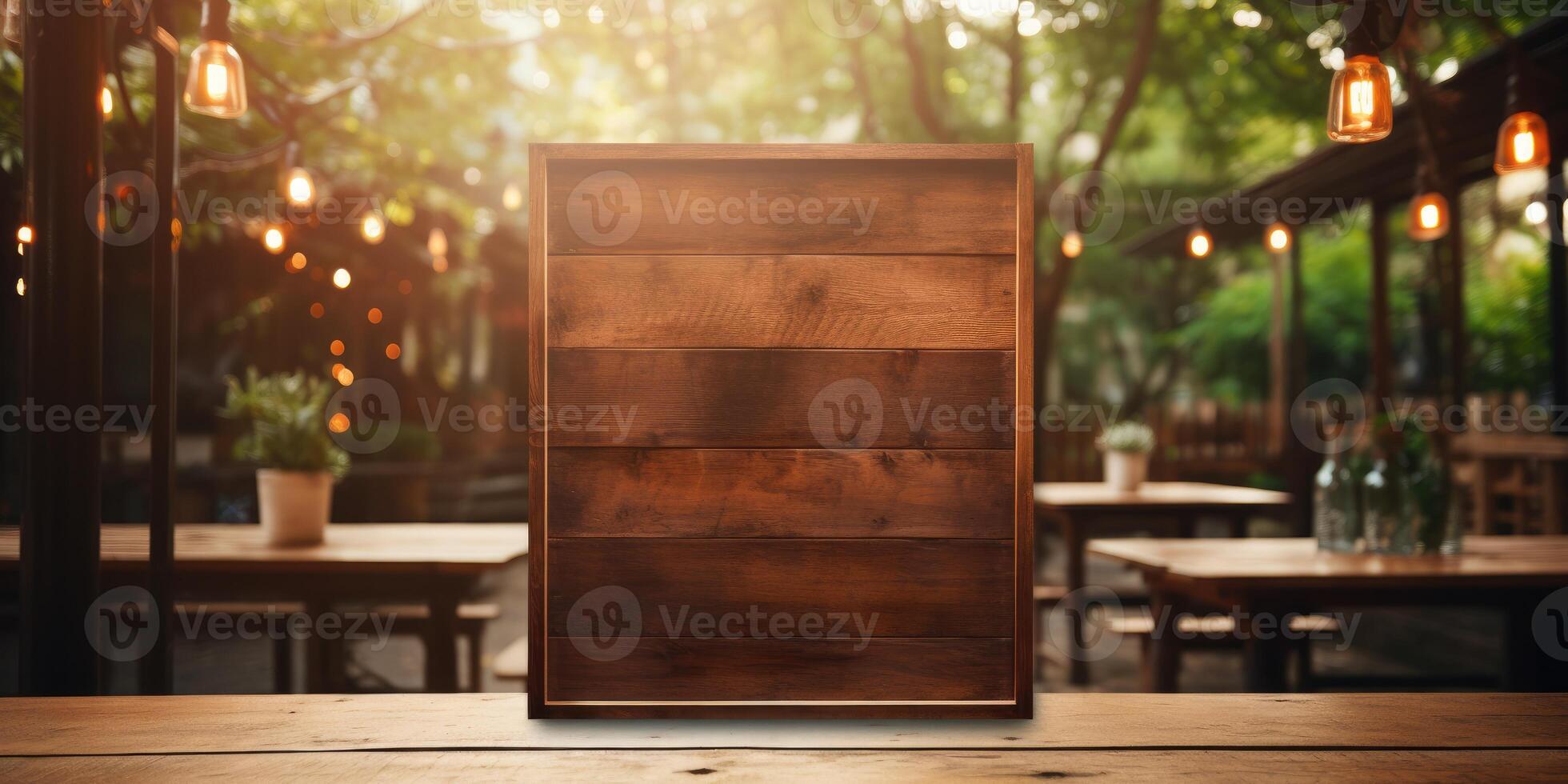 AI generated Mockup Wooden menu in evening restaurant, space for your text. Generative AI photo