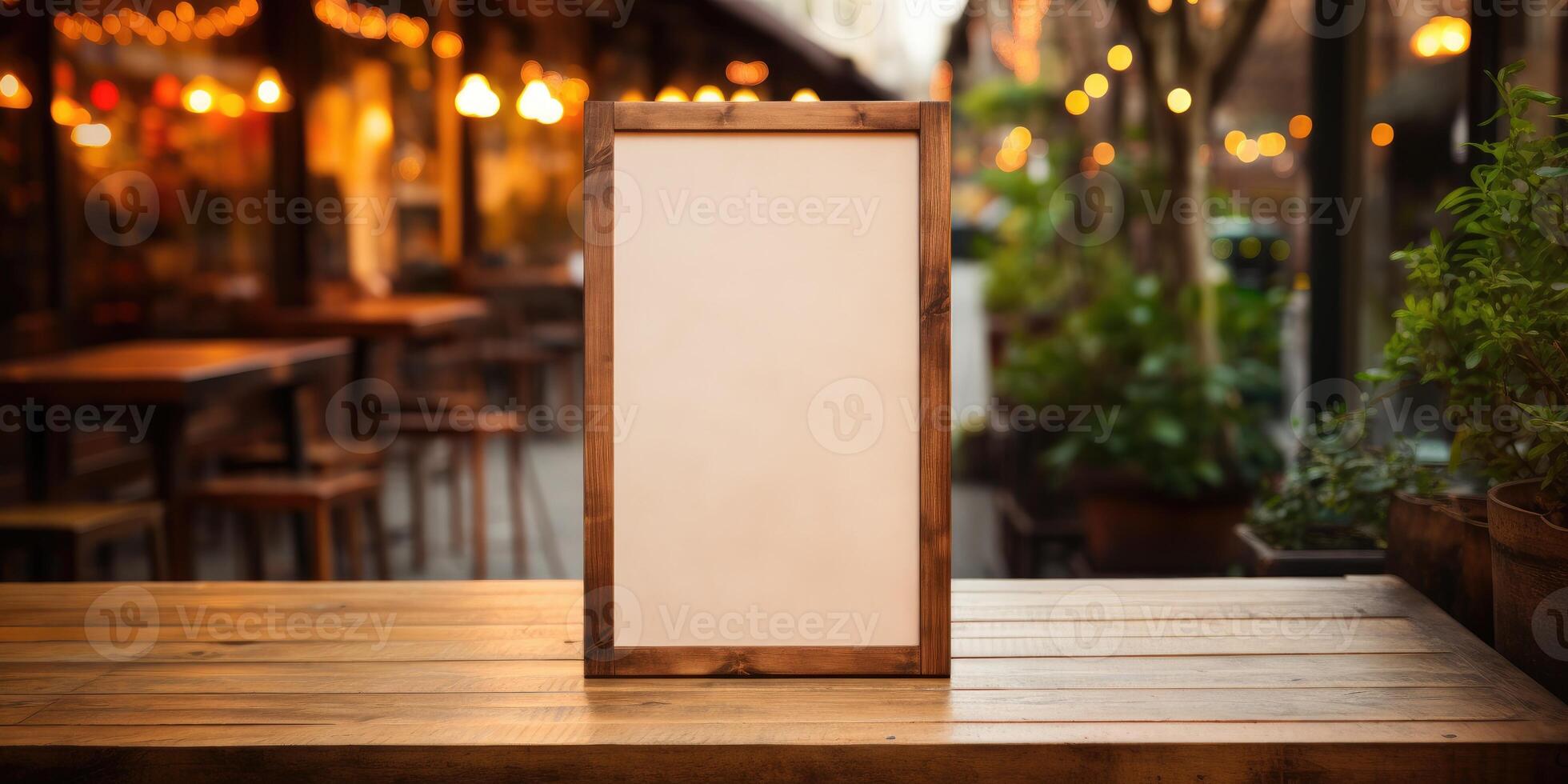 AI generated Mockup for menu in wooden frame on table, space for your text or product. Generative AI photo