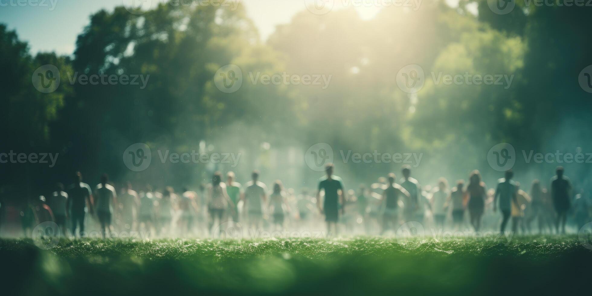 AI generated Blurred background of a group of people running in the park. Theme of sports. Generative AI photo