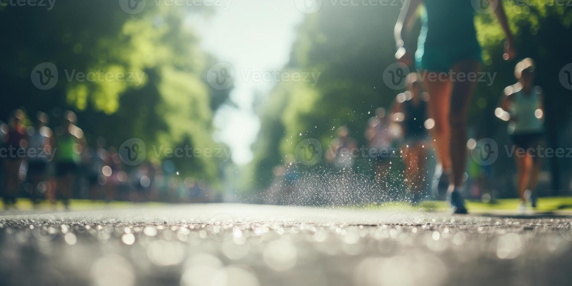 AI generated Blurred background of a group of people running in the park. Theme of sports. Generative AI photo