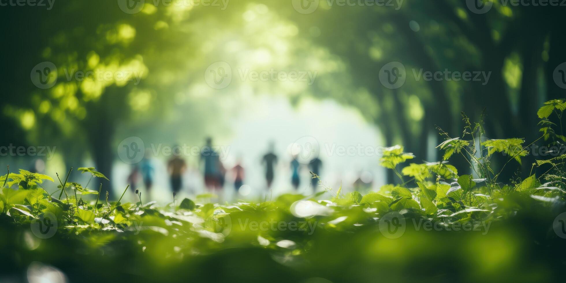 AI generated Blurred background of a group of people running in the park. Theme of sports. Generative AI photo