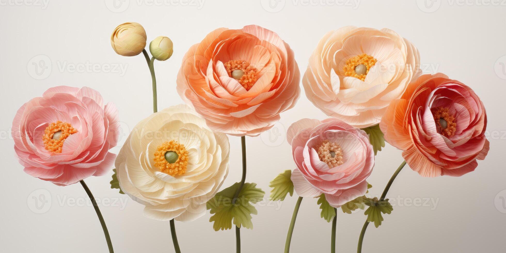 AI generated Bouquet of beautiful different flowers Ranunculus, on light background Generative AI photo