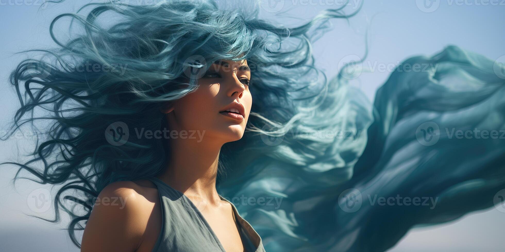 AI generated Beautiful young woman with blue hair against blue sky. Generative AI photo