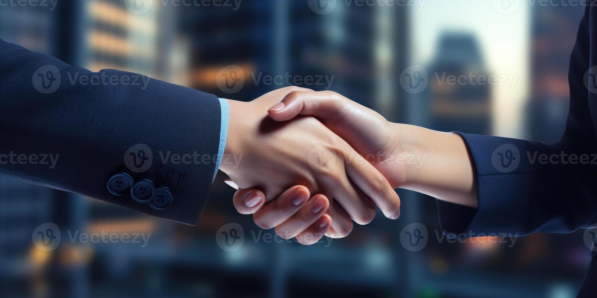 AI generated Two business people shaking hands. Woman and man shaking hands. Generative AI photo