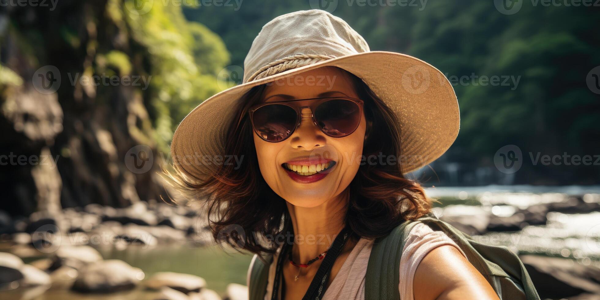 AI generated happy asian woman tourist, Travel and vacation theme. Generative AI photo