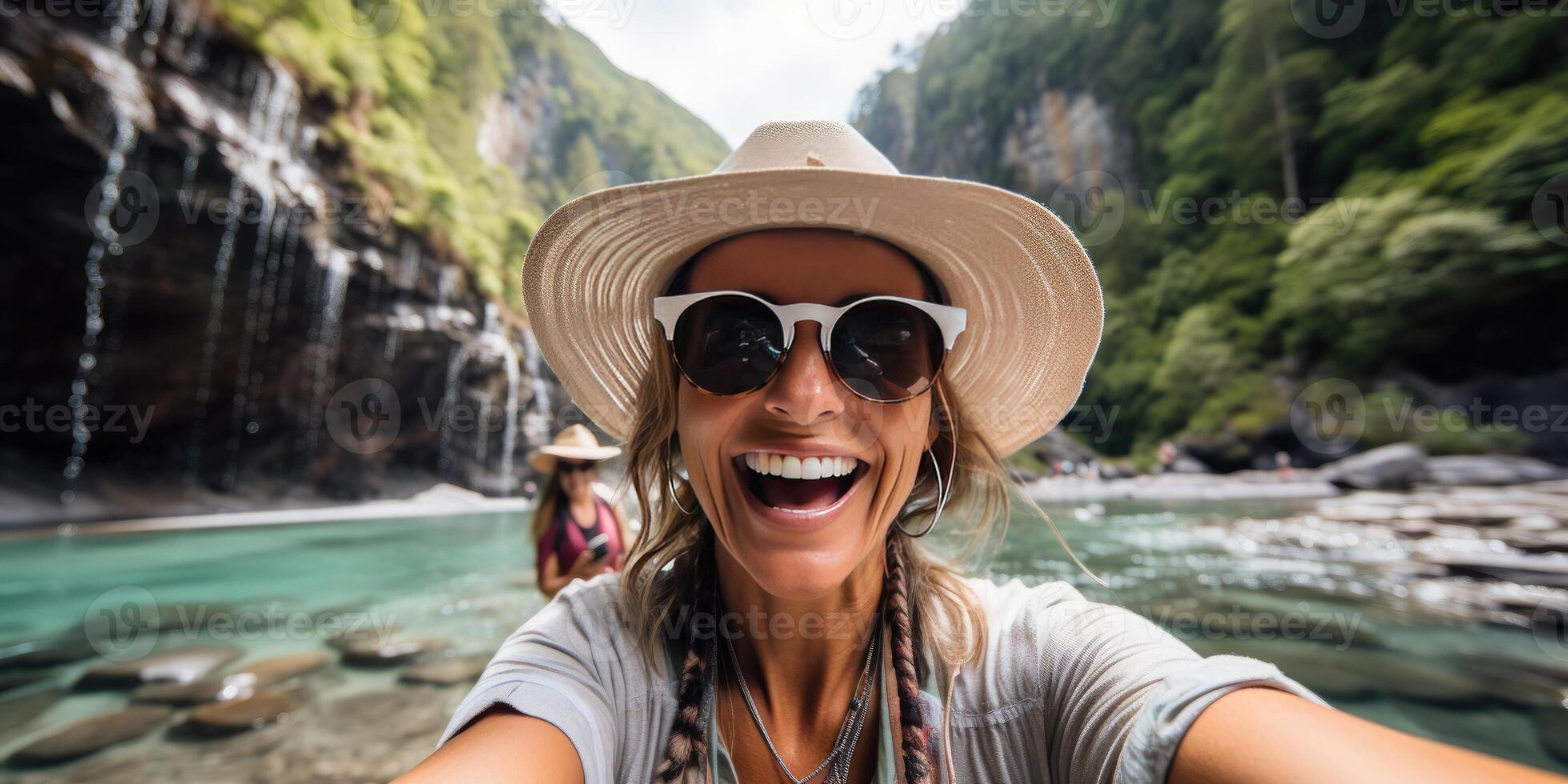 ai generado contento mujer 50 años antiguo turista toma un autofoto tema de viaje y recreacion.generativa ai foto