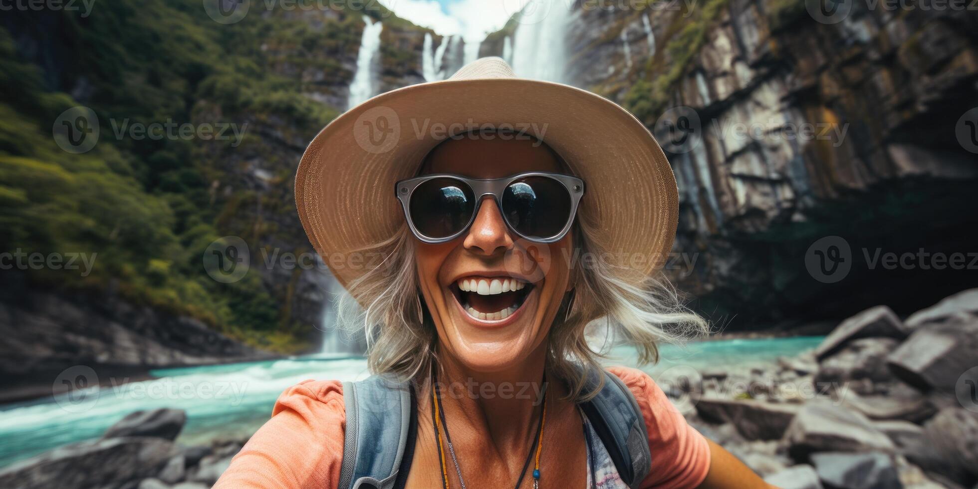 ai generado contento mujer 50 años antiguo turista toma un autofoto tema de viaje y recreacion.generativa ai foto