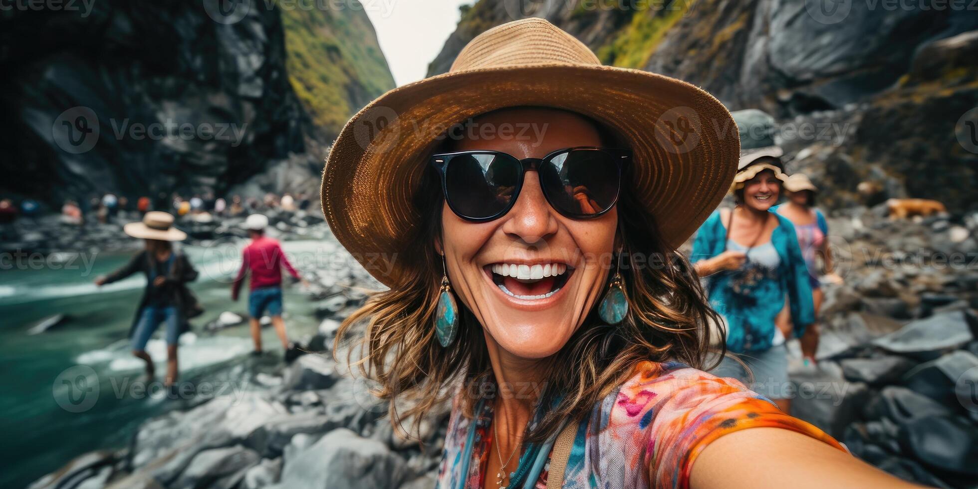ai generado hembra turista en un sombrero toma autofoto tema de viaje y recreación. generativo ai foto