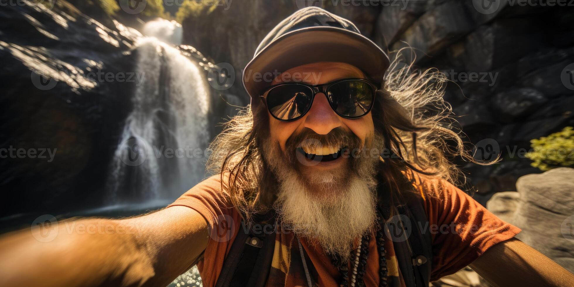 AI generated old man in a hat takes a selfie in nature. Travel theme. Generative AI photo