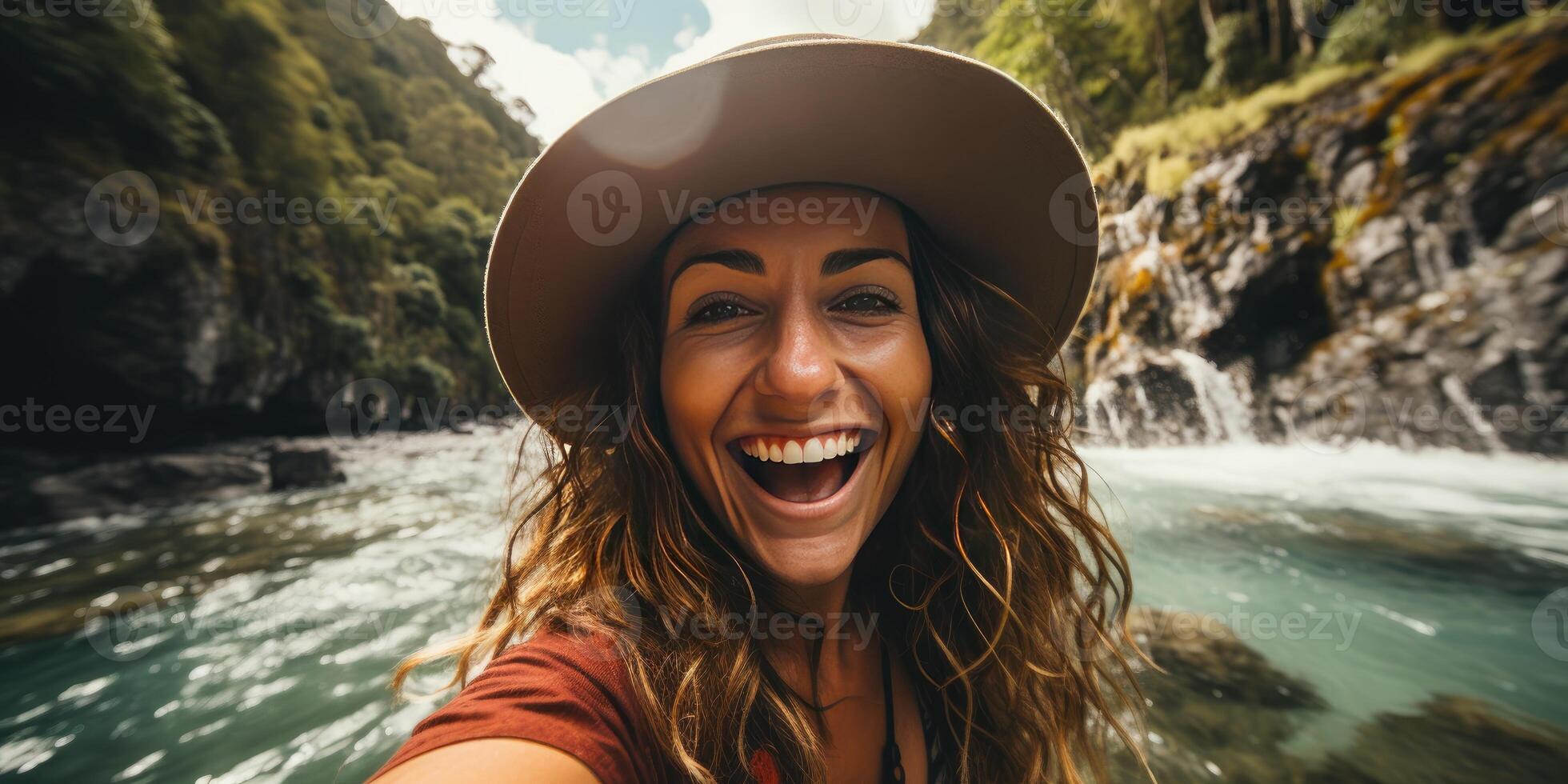 ai generado hembra turista en un sombrero toma autofoto tema de viaje y recreación. generativo ai foto