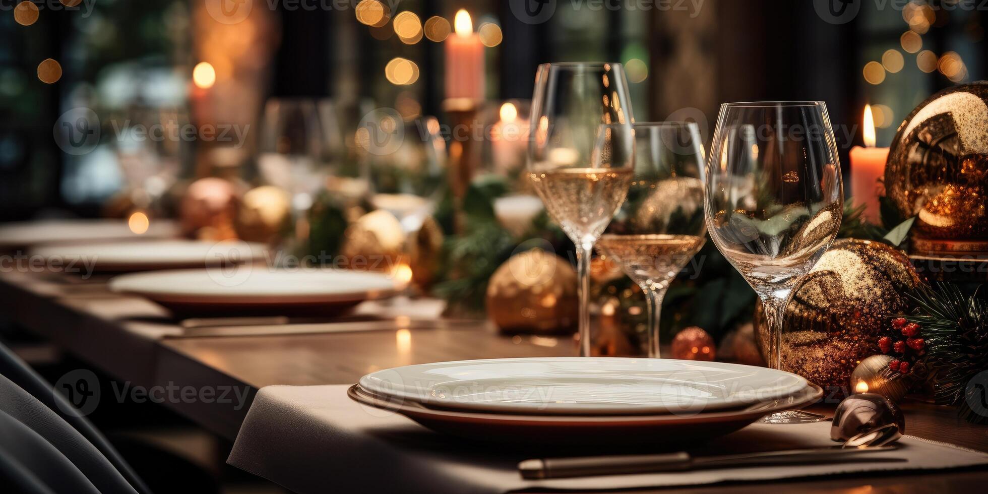 AI generated Table setting for New Year's party, Christmas beautiful table, decorations. Generative AI photo