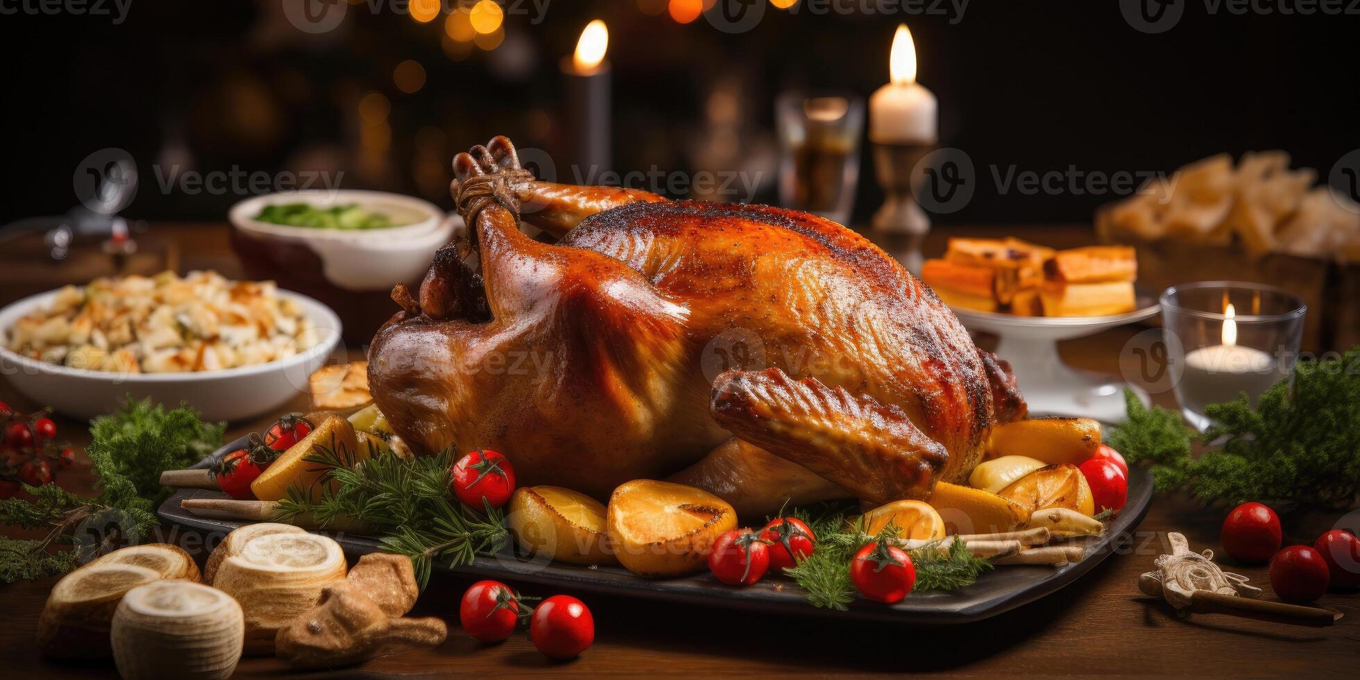 ai generado Navidad horneado Turquía en nuevo años hermosa fiesta mesa, buffet concepto. generativo ai foto