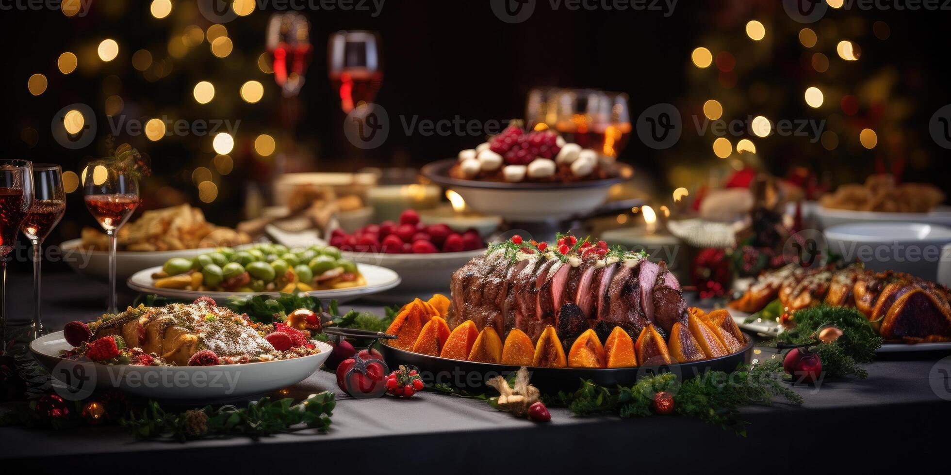 AI generated Christmas festive table, New Year's decor,delicious dishes with food. Holiday concept. Generative AI photo
