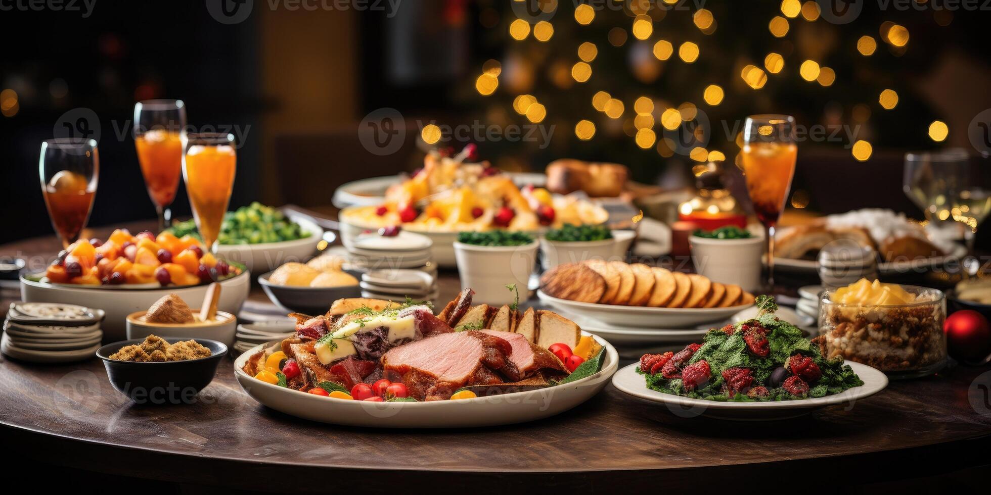 AI generated Christmas table, with a blurred Christmas tree in the background. Lots of food dishes.Generative AI photo