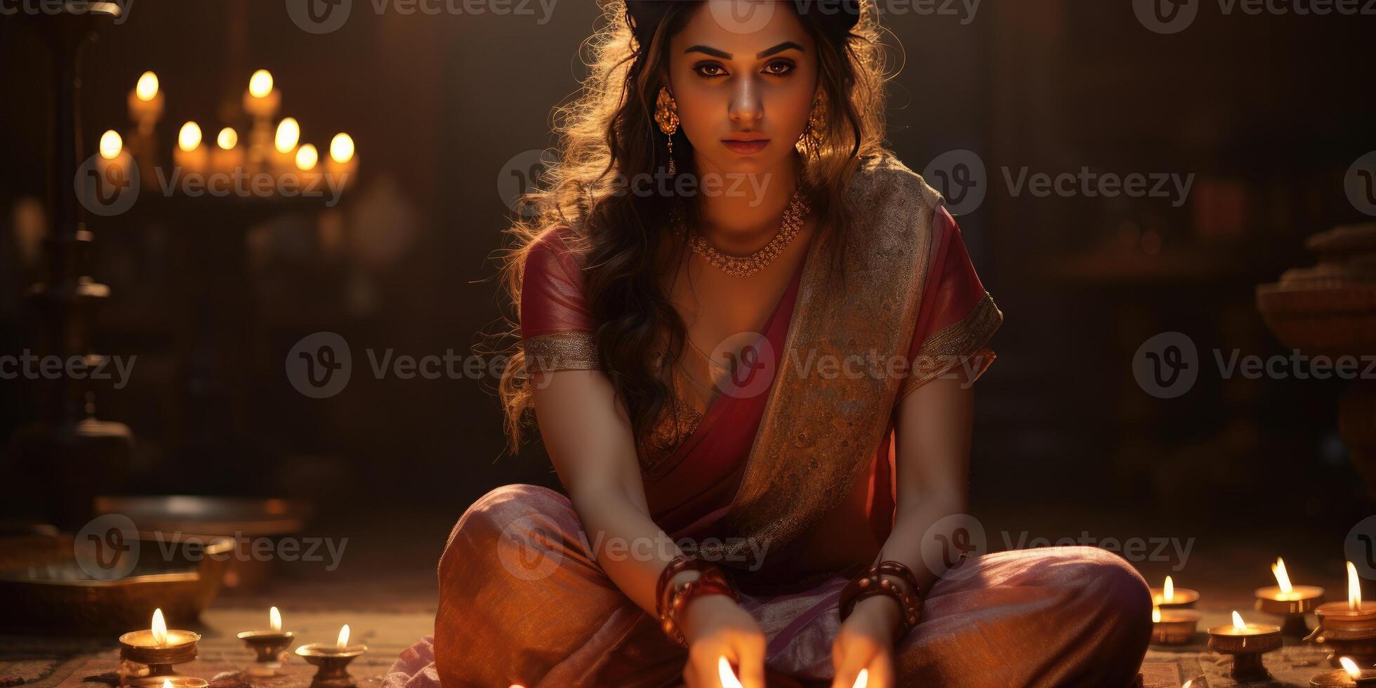 AI generated Indian woman in national clothes sari. Festive Diwali, Design lamp, golden lights, Generative AI photo