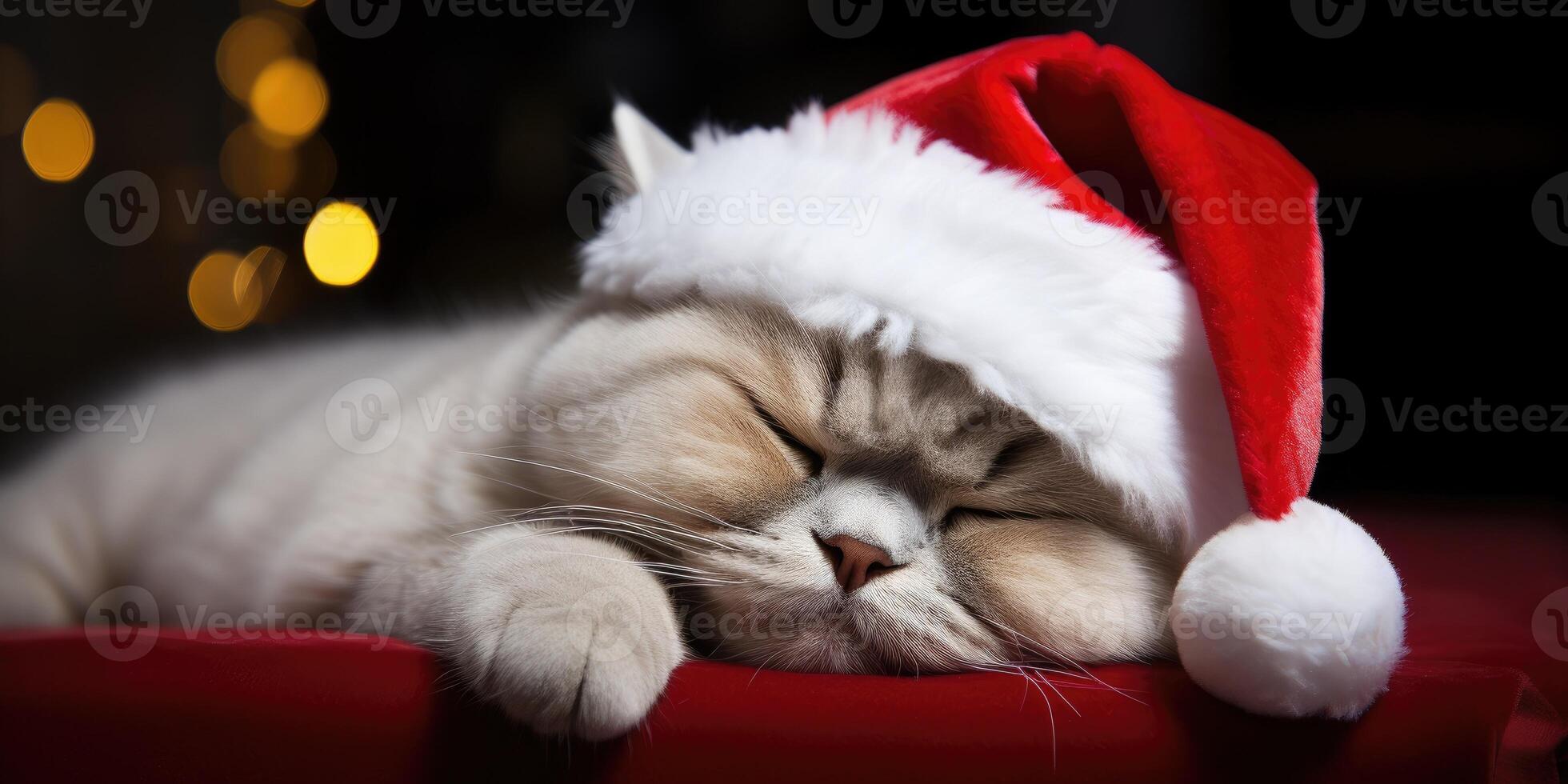 AI generated ginger kitten in a red Santa Claus hat on a dark background. New Year background. Generative AI photo