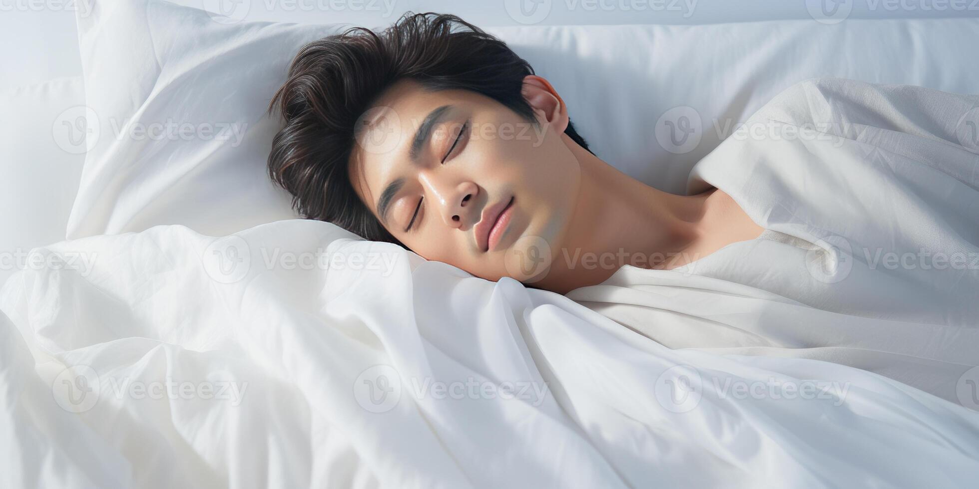 AI generated Asian man in white clothes lies on a white bed and sleeps happily. Generative AI photo