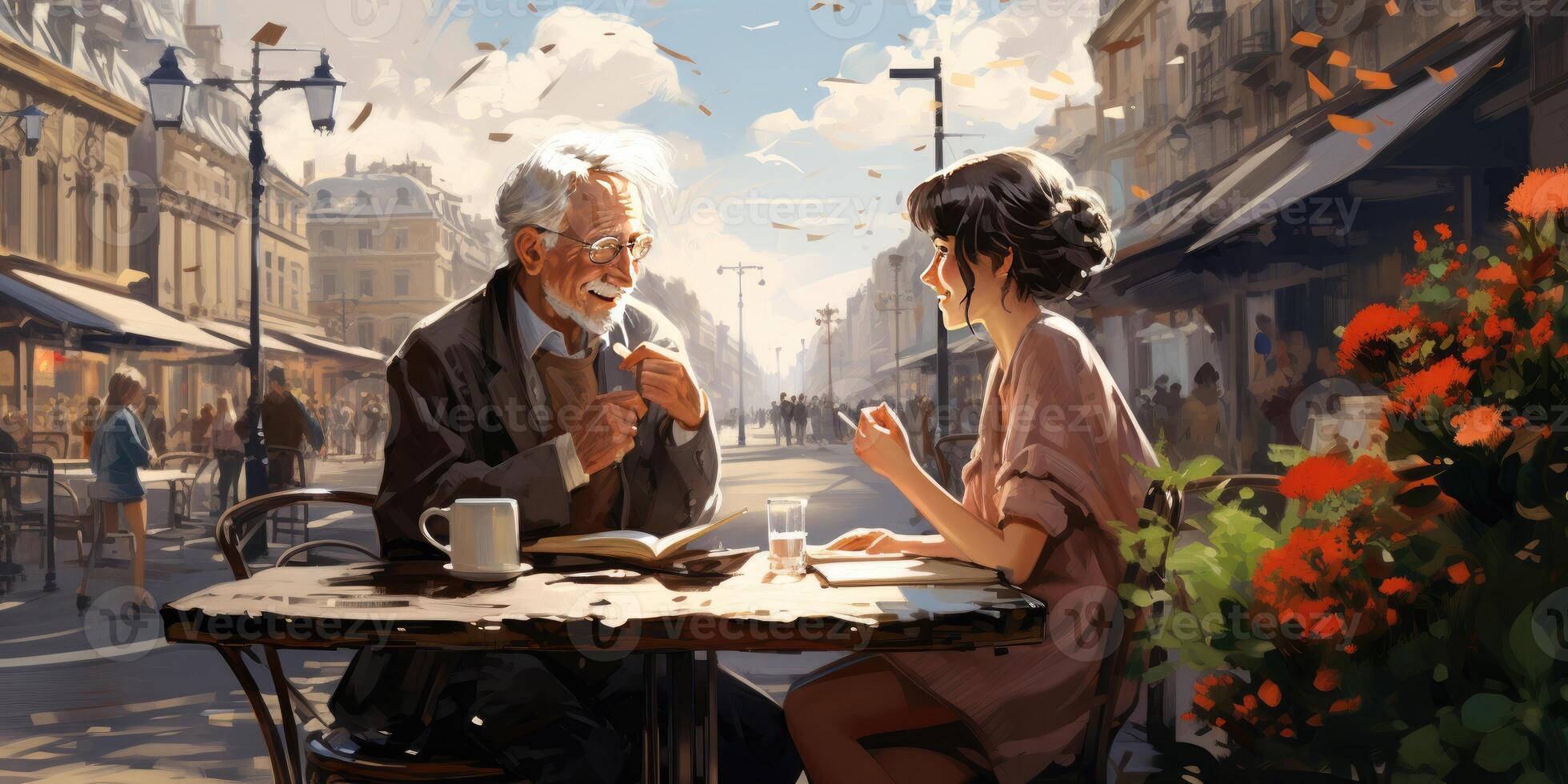 AI generated illustration of a happy elderly couple sitting in a restaurant. Generative AI photo