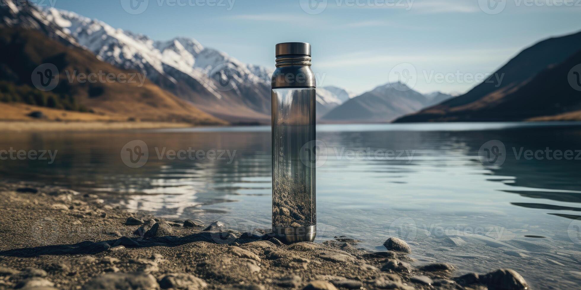 AI generated Glass bottle for water or drinks on a beautiful mountain landscape. Generative AI photo