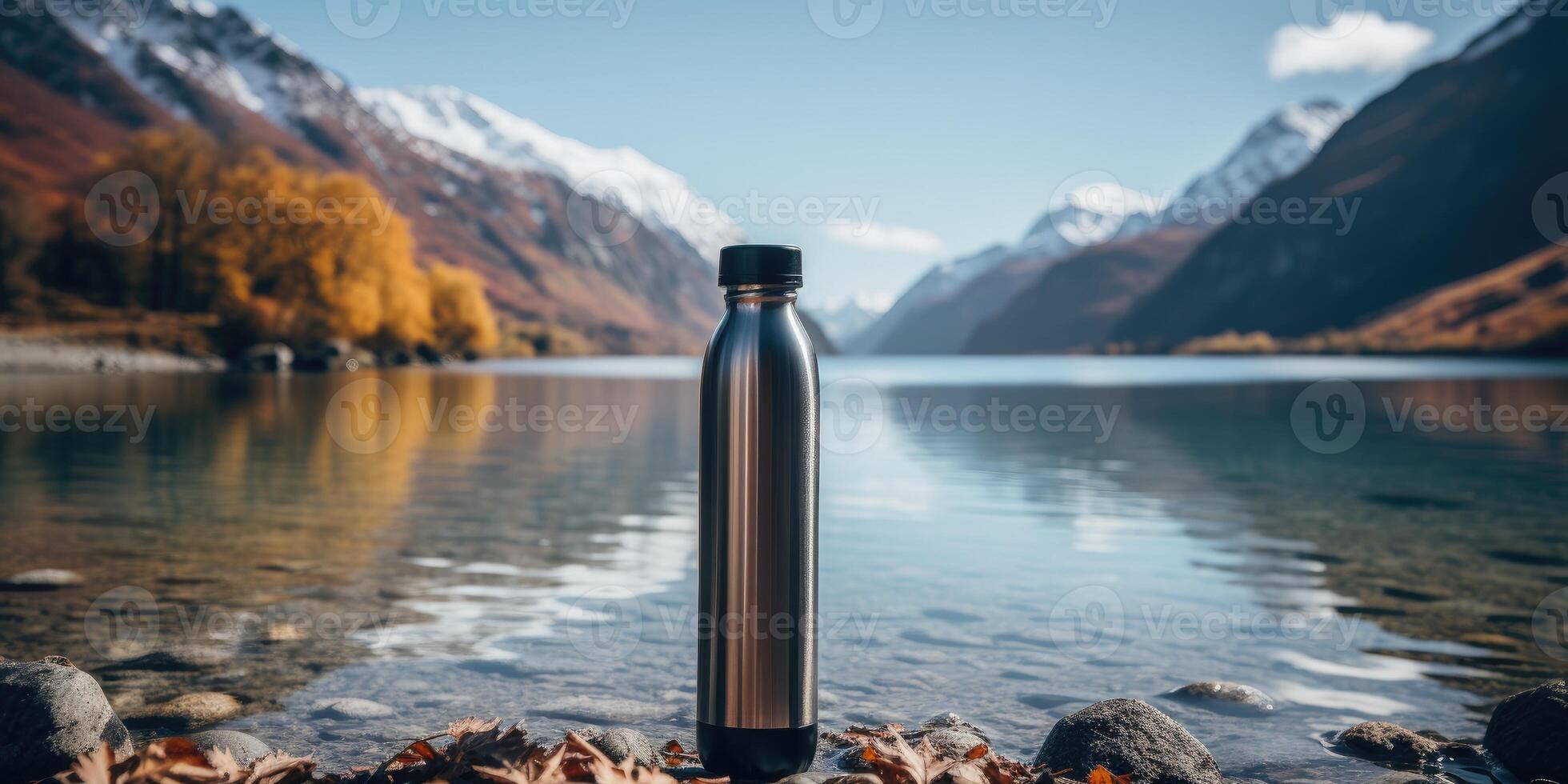 AI generated Steel thermos for water or hot drinks. Magnificent mountain landscape, Generative AI photo