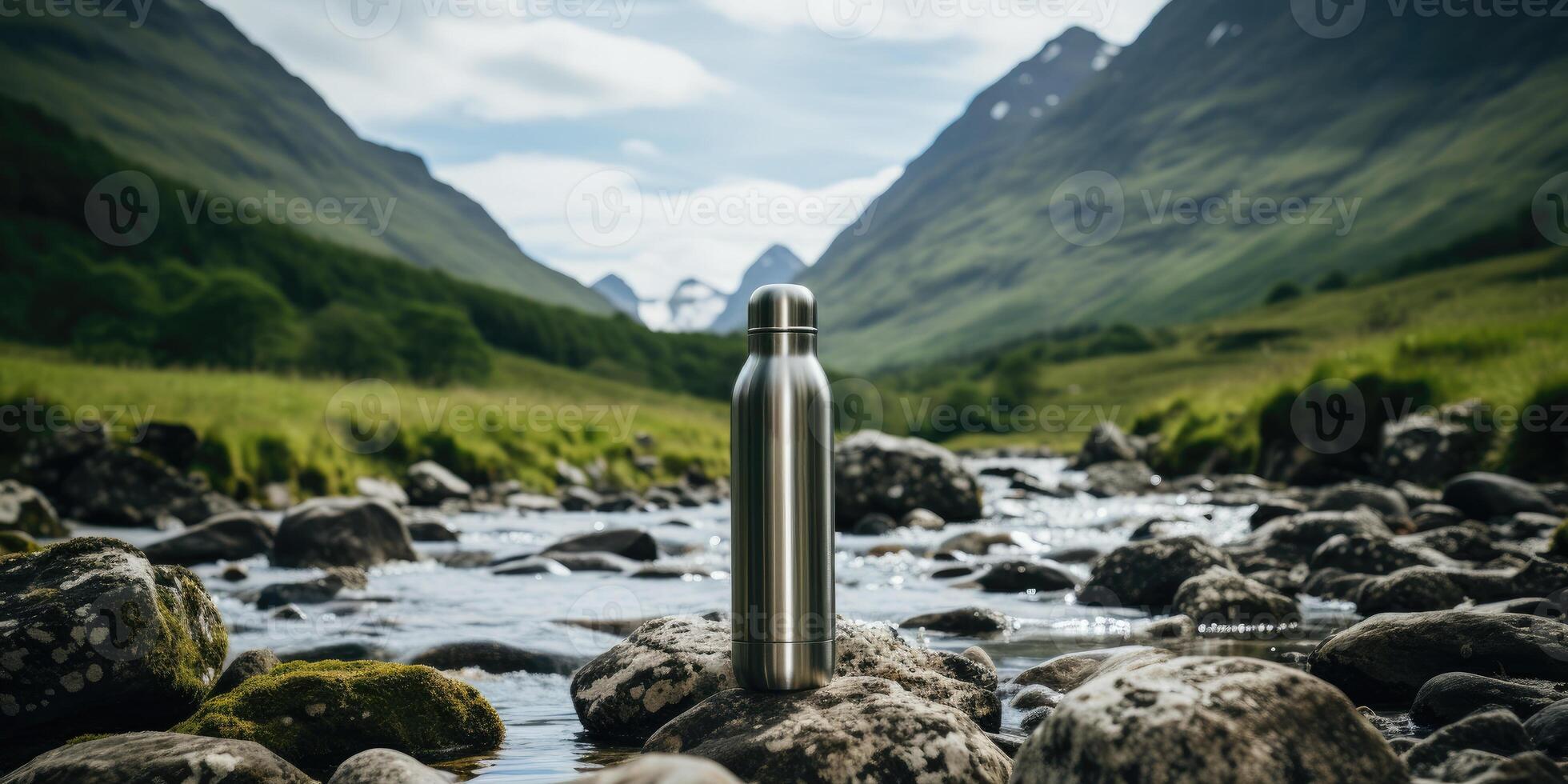 AI generated Reusable water bottle for hiking or hiking against the backdrop of a mountain river, Generative AI photo