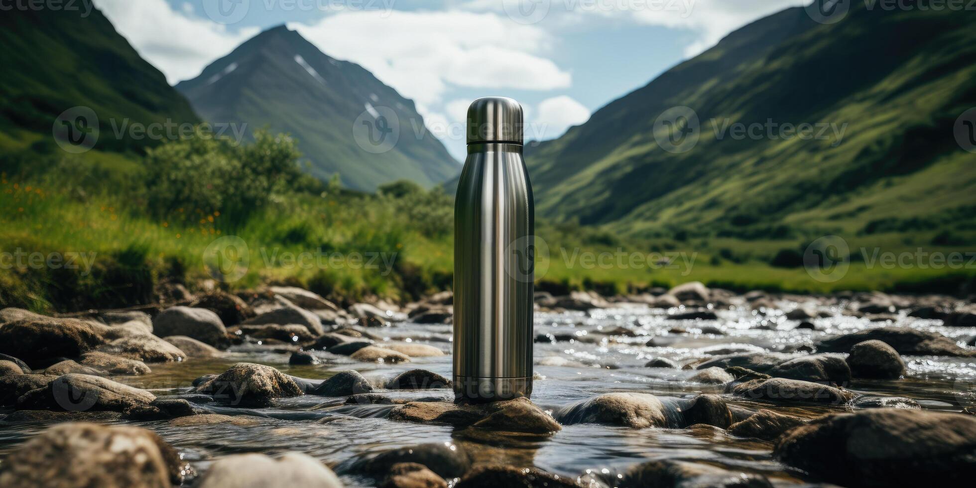 AI generated Steel eco-thermal bottle against the background of a river in the mountains. Generative AI photo