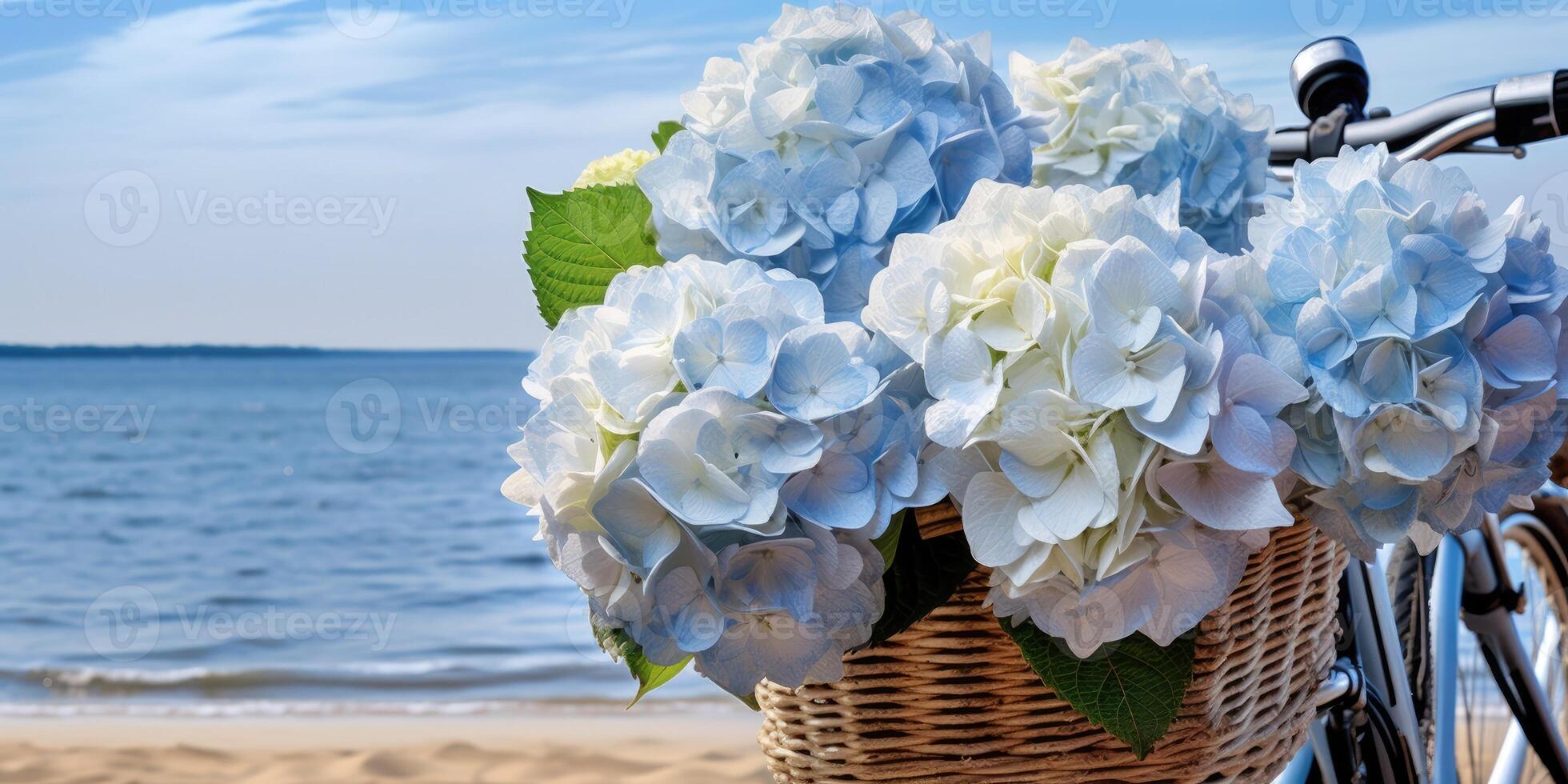 AI generated Bouquet of blue hydrangeas in a basket close-up, Generative AI photo