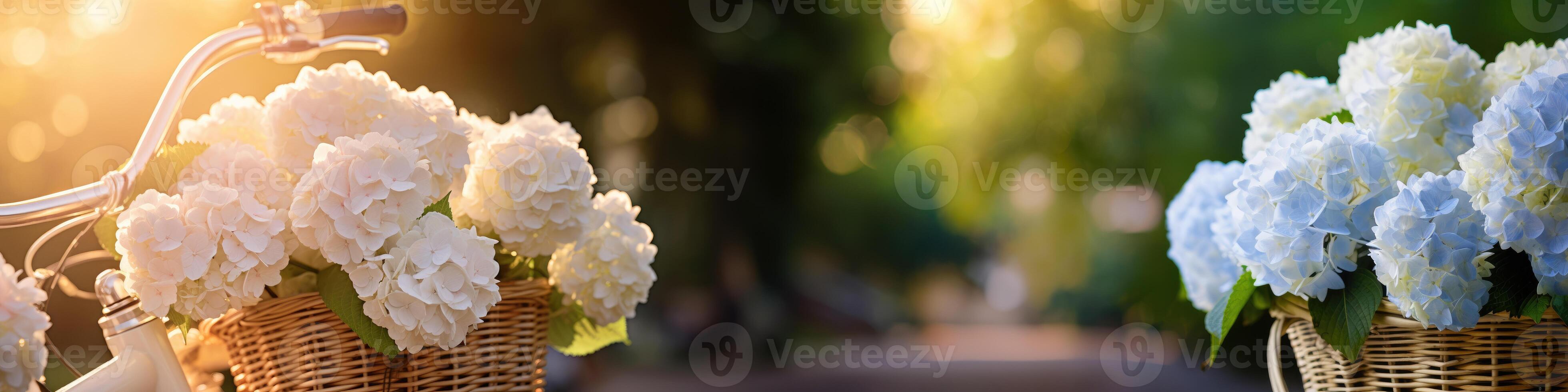 AI generated Horizontal banner of hydrangeas in a basket close up. Generative AI photo