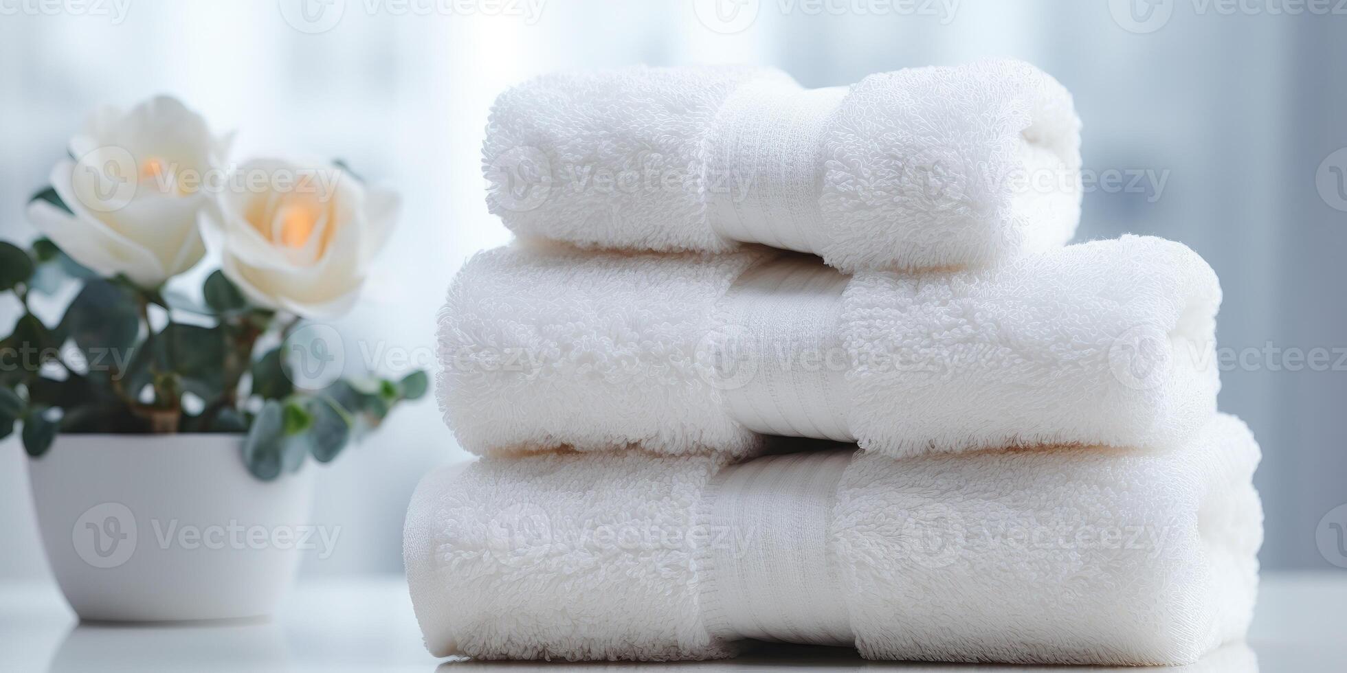 AI generated White clean towels in the bathroom close-up. Generative AI photo