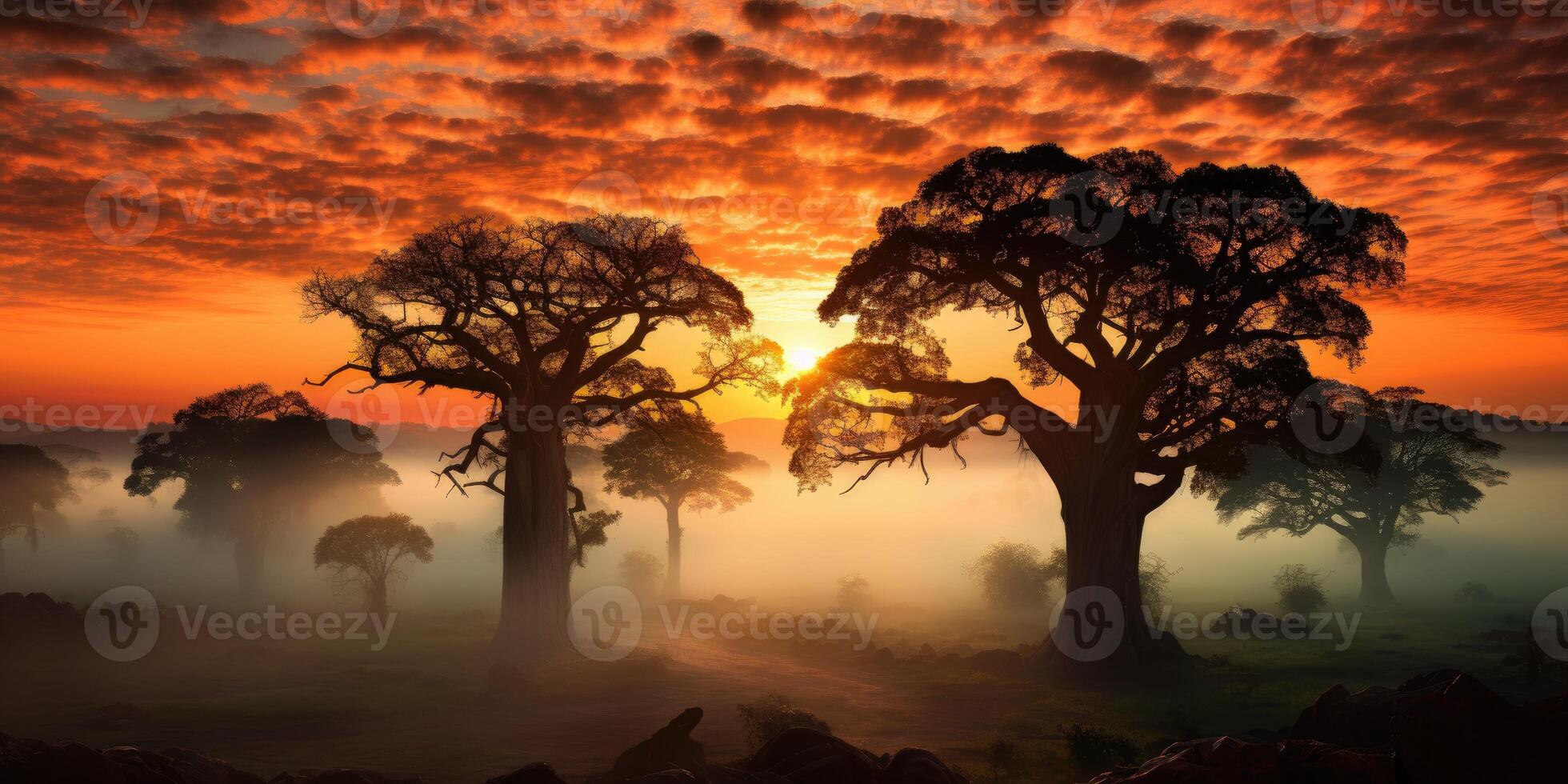 AI generated Baobab trees against the backdrop of sunset in the fog, landscape of Africa. Generative AI photo