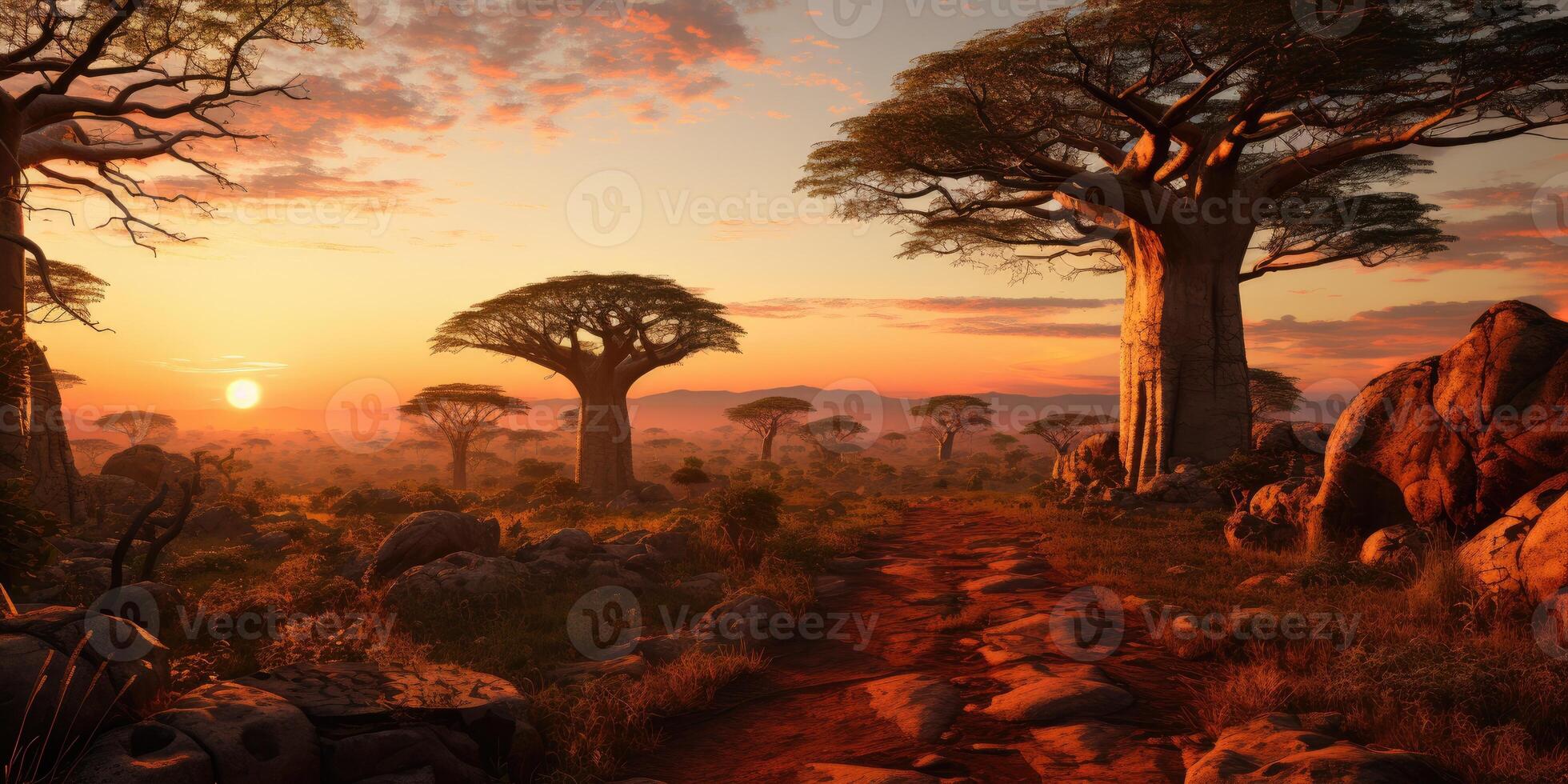 AI generated Baobabs at sunset. Beautiful landscape of trees of tropical Africa. Generative AI photo