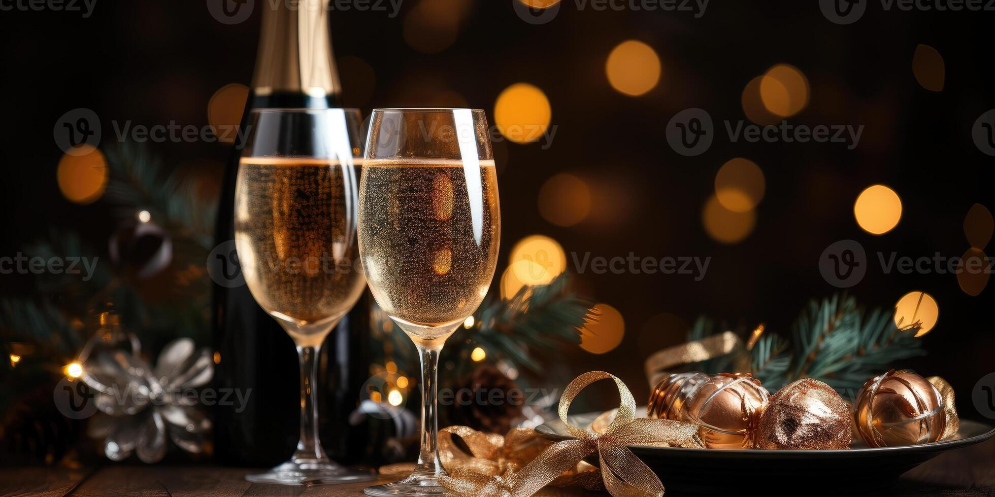 AI generated champagne with bokeh, serpentine and Christmas tree branch, New Year's holiday, Generative AI photo