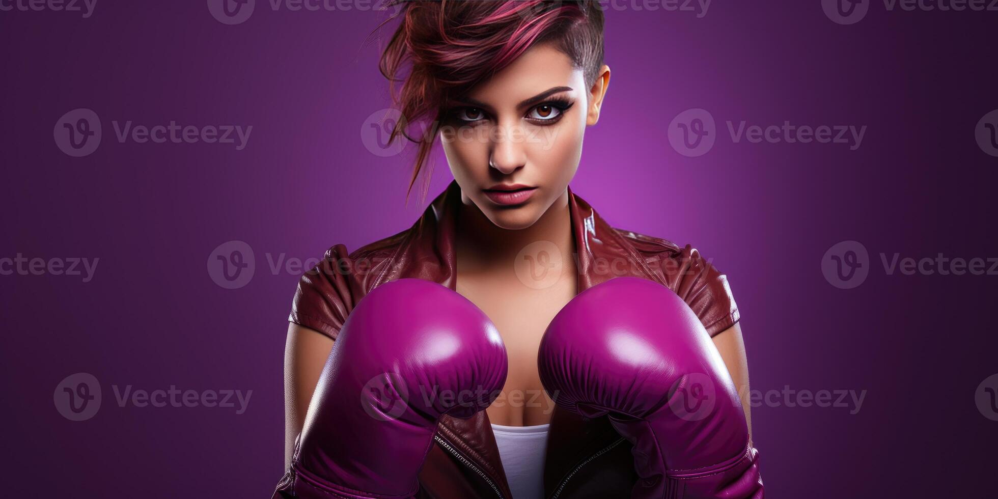 AI generated Woman in boxing gloves on a purple background, strong woman. Generative AI photo
