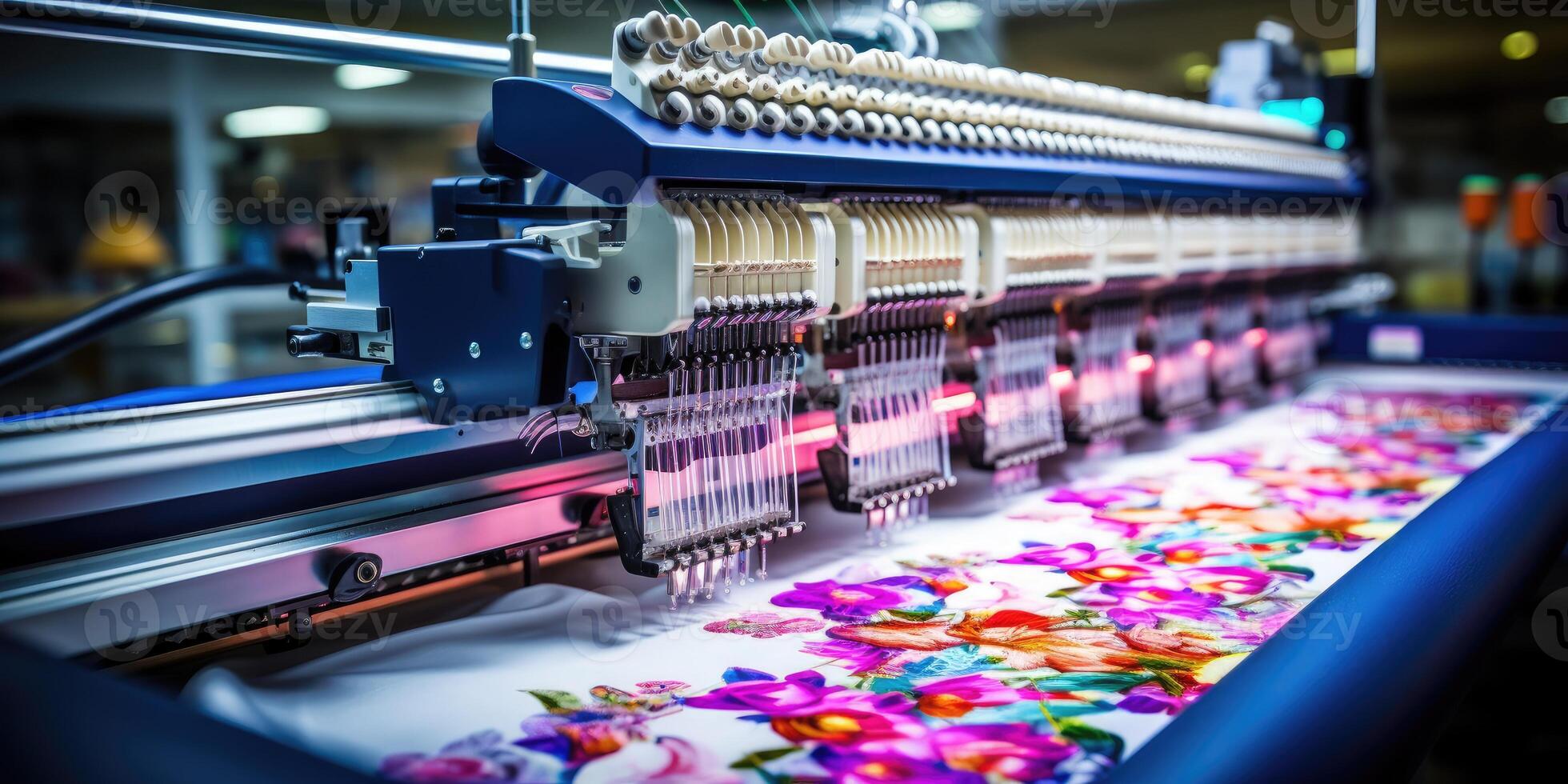 ai generado hermosa multicolor brillante máquina bordado. digital textil industria. generativo ai foto